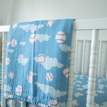 Load image into Gallery viewer, Organic Bamboo Cotton Muslin Swaddle Blanket in Baseballs in the Sky