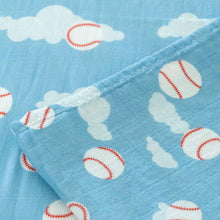Load image into Gallery viewer, Organic Bamboo Cotton Muslin Crib Sheet in Baseballs in the Sky