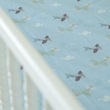 Load image into Gallery viewer, Organic Bamboo Cotton Muslin Crib Sheet in Dreamy Planes