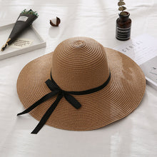 Load image into Gallery viewer, Summer Cap Black Ribbon Decorate Wavy Straw Hat For Girls Hat Kids Sun Cap Baby Beach Hats for Girls