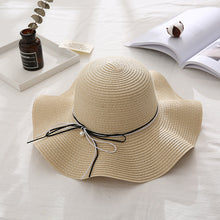 Load image into Gallery viewer, Summer Cap Black Ribbon Decorate Wavy Straw Hat For Girls Hat Kids Sun Cap Baby Beach Hats for Girls