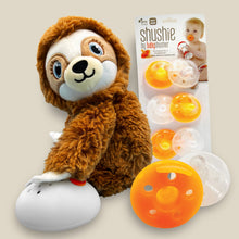Load image into Gallery viewer, Shusher Sloth + 6-Pack Shushie™ Pacifiers – Soothing Bundle with Cuddly Cry Detection