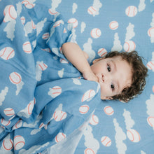 Load image into Gallery viewer, Organic Bamboo Cotton Muslin Swaddle Blanket in Baseballs in the Sky