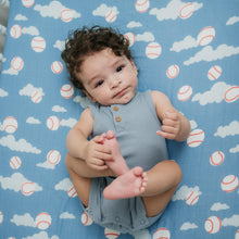 Load image into Gallery viewer, Organic Bamboo Cotton Muslin Crib Sheet in Baseballs in the Sky