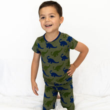 Load image into Gallery viewer, Bamboo Short Sleeve Pajama Set with a Green Dinosaur Print