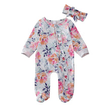 Load image into Gallery viewer, Baby Girls Footies Floral Print Ruffles Single Breasted Playsuit Headband Clothes Outfits For Girls with Bow Floral Printed