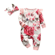 Load image into Gallery viewer, Newborn Clothes Baby Girls Romper Hearts Print Cotton Long Sleeve Jumpsuit and Headband Set