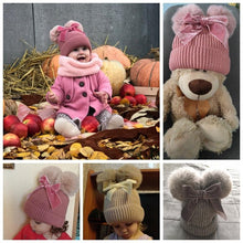 Load image into Gallery viewer, Luxury Modern Elegant New Girls Double Pompom Knitted Hat Warm Thicker Beanie Cap for Baby Girls In Winter elegant New Year Design