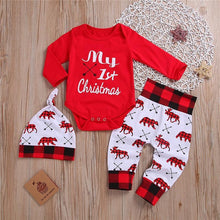 Load image into Gallery viewer, Casual New Baby Boy/Girl First Christmas printed Clothes Romper Trousers Hat Outfit Set