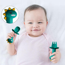 Load image into Gallery viewer, New Baby Feeding Spoon Fork Set Short Easy Cartoon Dinosaur Soft Silicone Teether Toys Non-hurt Training Tableware