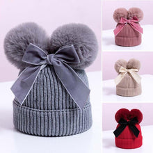Load image into Gallery viewer, Luxury Modern Elegant New Girls Double Pompom Knitted Hat Warm Thicker Beanie Cap for Baby Girls In Winter elegant New Year Design