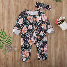 Load image into Gallery viewer, Baby Girls Footies Floral Print Ruffles Single Breasted Playsuit Headband Clothes Outfits For Girls with Bow Floral Printed