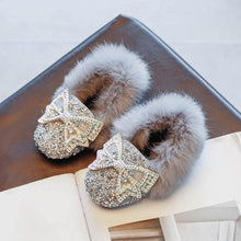 Load image into Gallery viewer, Fashion Winter Crystal Bling Baby Girls Flat Shoes Fur Warm Kids Party Bow Toddler Children Princess Shoes