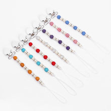 Load image into Gallery viewer, Handmade Shiny Pacifier Clip Chain Infant Nipple Holder Wooden Beaded Crystal Nipple Leash Strap Metal Pacifier Clips For Baby