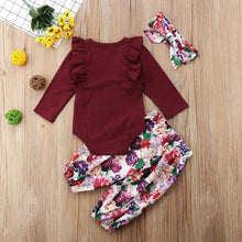 Load image into Gallery viewer, 3Pcs Baby Girls Flying sleeves Bodysuit and Floral Lace-up Pants ,Headwear Set WIth Jumpsuit and Bow In Elegant Luxury Modern Print Deign For Baby Girls and Girls Kids