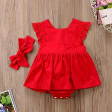 Load image into Gallery viewer, Modern Baby Girl Ruffle Red Lace Romper Party Cotton Dresses with a headband for Newborn And Girls 0-24Months