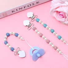 Load image into Gallery viewer, Handmade Shiny Pacifier Clip Chain Infant Nipple Holder Wooden Beaded Crystal Nipple Leash Strap Metal Pacifier Clips For Baby