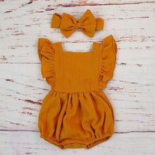 Load image into Gallery viewer, Cotton Baby Girl Double Ruffle Romper Jumpsuit with Headband Playsuit For Newborn With Bow