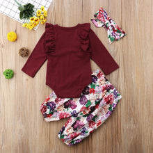 Load image into Gallery viewer, 3Pcs Baby Girls Flying sleeves Bodysuit and Floral Lace-up Pants ,Headwear Set WIth Jumpsuit and Bow In Elegant Luxury Modern Print Deign For Baby Girls and Girls Kids