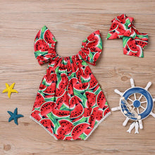 Load image into Gallery viewer, 2PCS Newborn Baby Girl Watermelon Summer Cute Bodysuit Jumpsuit Outfit WIth Bow For Girls