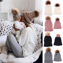 Load image into Gallery viewer, Luxury Modern Cute Kids Girls Hats Mother & Daughter Warm Knitted Hat And Caps Winter Newborn Baby Cap