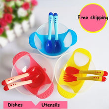 Load image into Gallery viewer, 3Pcs Set Baby Dishes With Suction Cup Assist Food Bowl Temperature Sensing Spoon Baby Tableware Baby Utensils Spoon+Fork