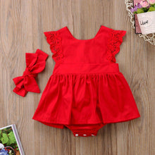 Load image into Gallery viewer, Modern Baby Girl Ruffle Red Lace Romper Party Cotton Dresses with a headband for Newborn And Girls 0-24Months