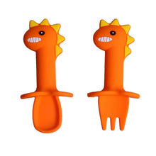 Load image into Gallery viewer, New Baby Feeding Spoon Fork Set Short Easy Cartoon Dinosaur Soft Silicone Teether Toys Non-hurt Training Tableware