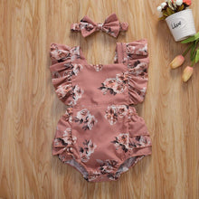 Load image into Gallery viewer, Modern 0-24M Newborn Baby Girls Flowers Print Ruffles Short Sleeve Jumpsuits Headband For Girls