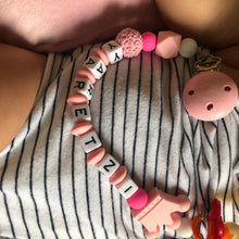 Load image into Gallery viewer, Pink Silicone Personalised Name Baby Pacifier Clips Crochet Beads Silicone Crown Pacifier Chain Holder For Kids and Baby Pacifier