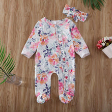 Load image into Gallery viewer, Baby Girls Footies Floral Print Ruffles Single Breasted Playsuit Headband Clothes Outfits For Girls with Bow Floral Printed