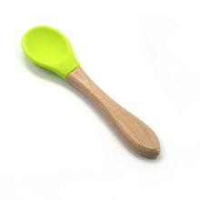 Load image into Gallery viewer, 2PCS Bamboo Training Spoons Organic Soft Baby Feeding Silicone Tip Spoon Scoop Easy Grip Handle Toddlers Infant Gifts For Parents And Baby Boys Or Girls