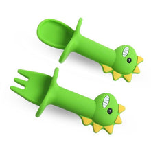 Load image into Gallery viewer, Big Modern New Set Spoon and Fork For Baby Utensils Set Auxiliary Food Silicone Gel Spoon Baby Learn To Eat Training Bendable Soft Spoon Children Tableware With Dinosaur Design