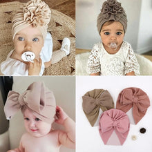 Load image into Gallery viewer, Handamde Elegant Baby Hats for Girls Big Bow Turban Hat Newborn Baby Beanie Cap Solid Color Style