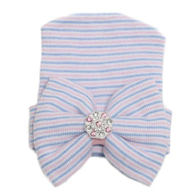 Load image into Gallery viewer, Modern Luxury Baby Girl Cotton Knit Striped Baby Caps With Big Bow For Baby Girls In Elegant Style