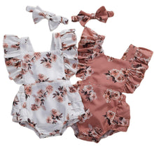 Load image into Gallery viewer, Modern 0-24M Newborn Baby Girls Flowers Print Ruffles Short Sleeve Jumpsuits Headband For Girls