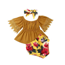 Load image into Gallery viewer, Elegant Luxury Floral Newborn Baby Girl Toddler Outfits Off shoulder Solid Tops Floral Short Pant Headband Bow Set For Baby Girls
