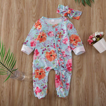 Load image into Gallery viewer, Baby Girls Footies Floral Print Ruffles Single Breasted Playsuit Headband Clothes Outfits For Girls with Bow Floral Printed