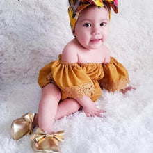 Load image into Gallery viewer, Elegant Luxury Floral Newborn Baby Girl Toddler Outfits Off shoulder Solid Tops Floral Short Pant Headband Bow Set For Baby Girls