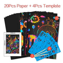 Load image into Gallery viewer, Magic Rainbow Color Scratch Art Paper Card Set With Graffiti Stencil Drawing Board Stick Art Painting Educational Toys