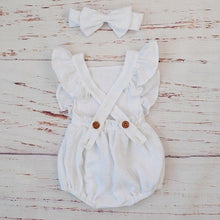 Load image into Gallery viewer, Cotton Baby Girl Double Ruffle Romper Jumpsuit with Headband Playsuit For Newborn With Bow