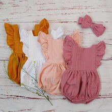 Load image into Gallery viewer, Cotton Baby Girl Double Ruffle Romper Jumpsuit with Headband Playsuit For Newborn With Bow