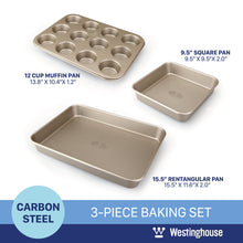 Load image into Gallery viewer, Baking Pan Set, Carbon Steel, 3-pc (Squre Pan, Muffin Pan + Rectangle Deep Tray)
