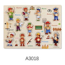 Load image into Gallery viewer, Montessori Wooden Puzzles Hand Grab Boards Toys Tangram Baby Educational Toys Cartoon Vehicle Animals Fruits 3D Puzzles