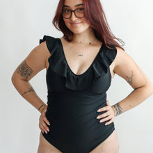 Load image into Gallery viewer, Lace Up Ruffle Neck One Piece Breastfeeding Swimsuit