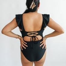 Load image into Gallery viewer, Lace Up Ruffle Neck One Piece Breastfeeding Swimsuit
