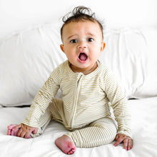 Load image into Gallery viewer, Tan Stripe Ribbed Zip Romper