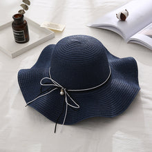 Load image into Gallery viewer, Summer Cap Black Ribbon Decorate Wavy Straw Hat For Girls Hat Kids Sun Cap Baby Beach Hats for Girls
