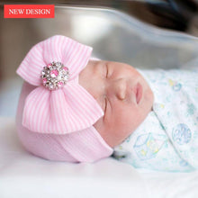Load image into Gallery viewer, Modern Luxury Baby Girl Cotton Knit Striped Baby Caps With Big Bow For Baby Girls In Elegant Style
