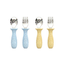 Load image into Gallery viewer, Stainless Steel Self Feeding Utensil Set of 4 (Butter Yellow &amp; Baby Blue)
